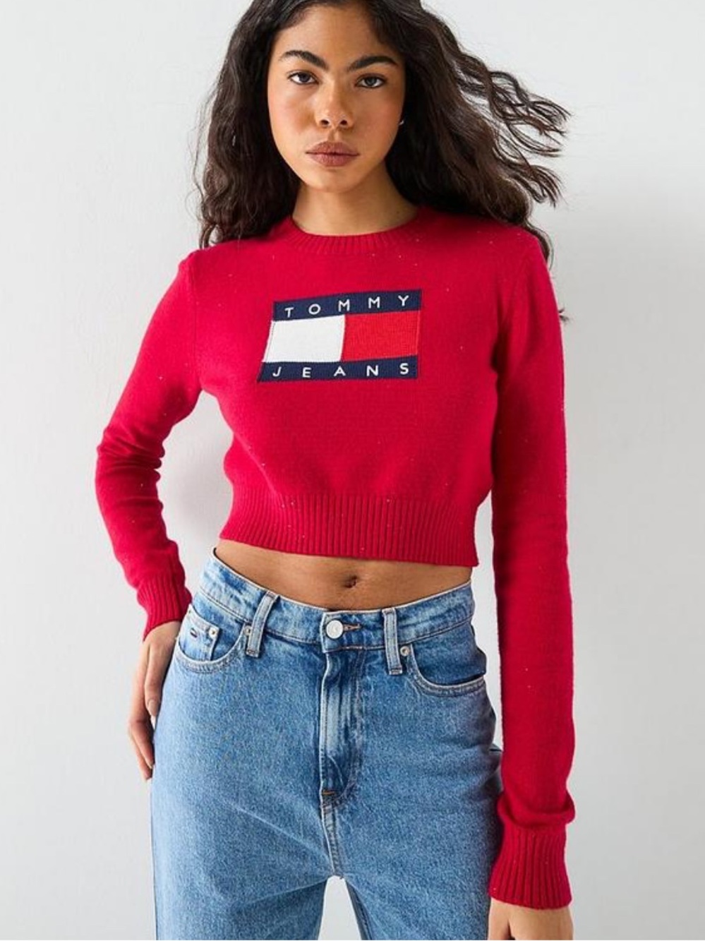 Tommy Hilfiger Jeans  Red Cropped Crewneck Sweater with Flag Logo